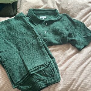 LAKE Forest Green Gauze Button-Front Pajama Set